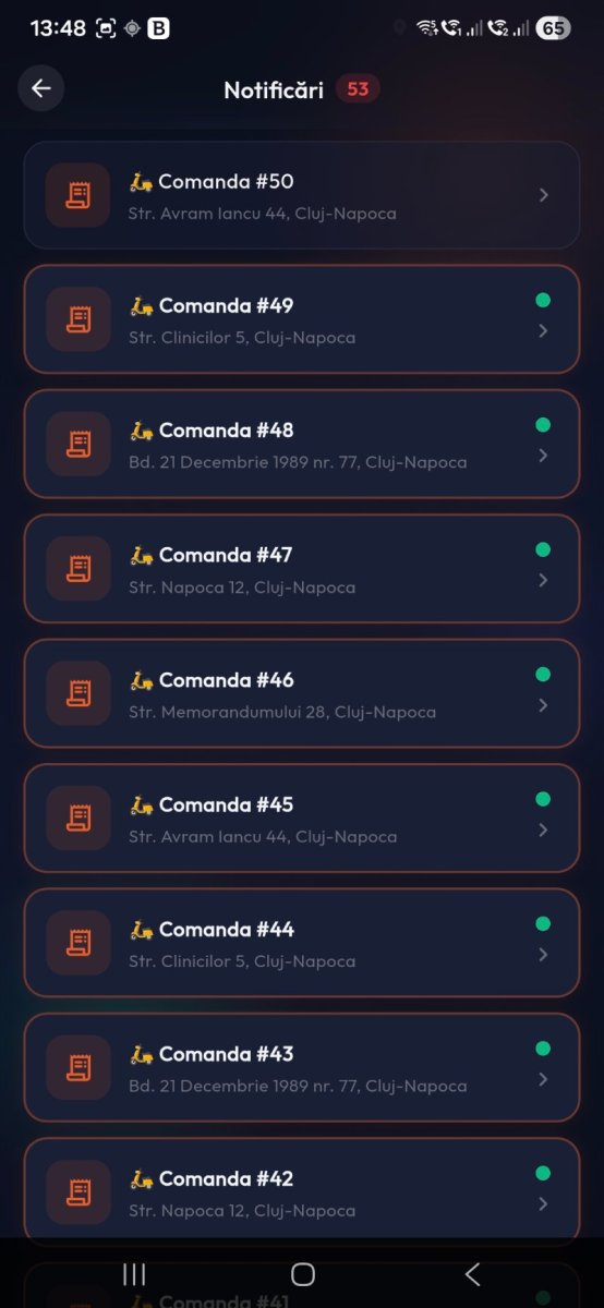 Bistro Delivery notificări push comenzi noi cu detalii complete