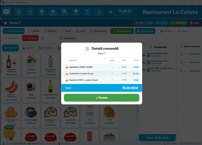 Ecran detalii comandă — BistroPOS soft restaurant