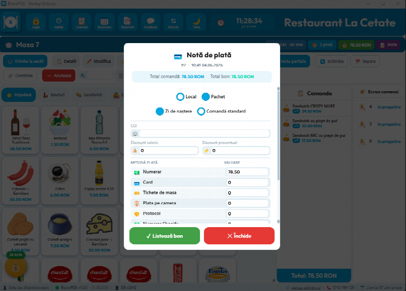 Notă de plată — BistroPOS soft restaurant