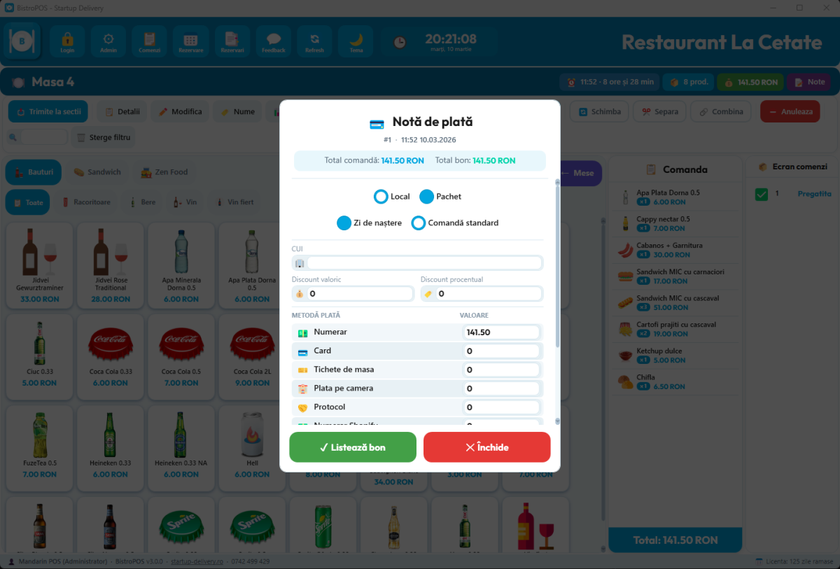 BistroPOS — Nota de plată detaliată