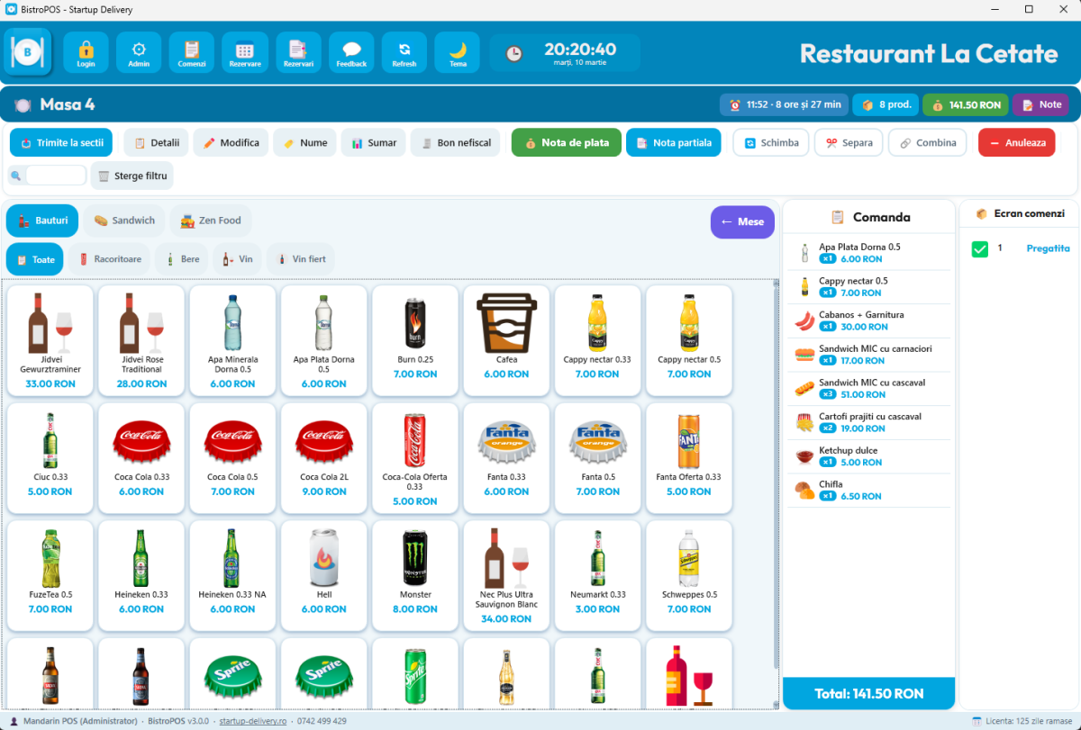 BistroPOS — Vizualizare detaliată a unei mese cu produse comandate