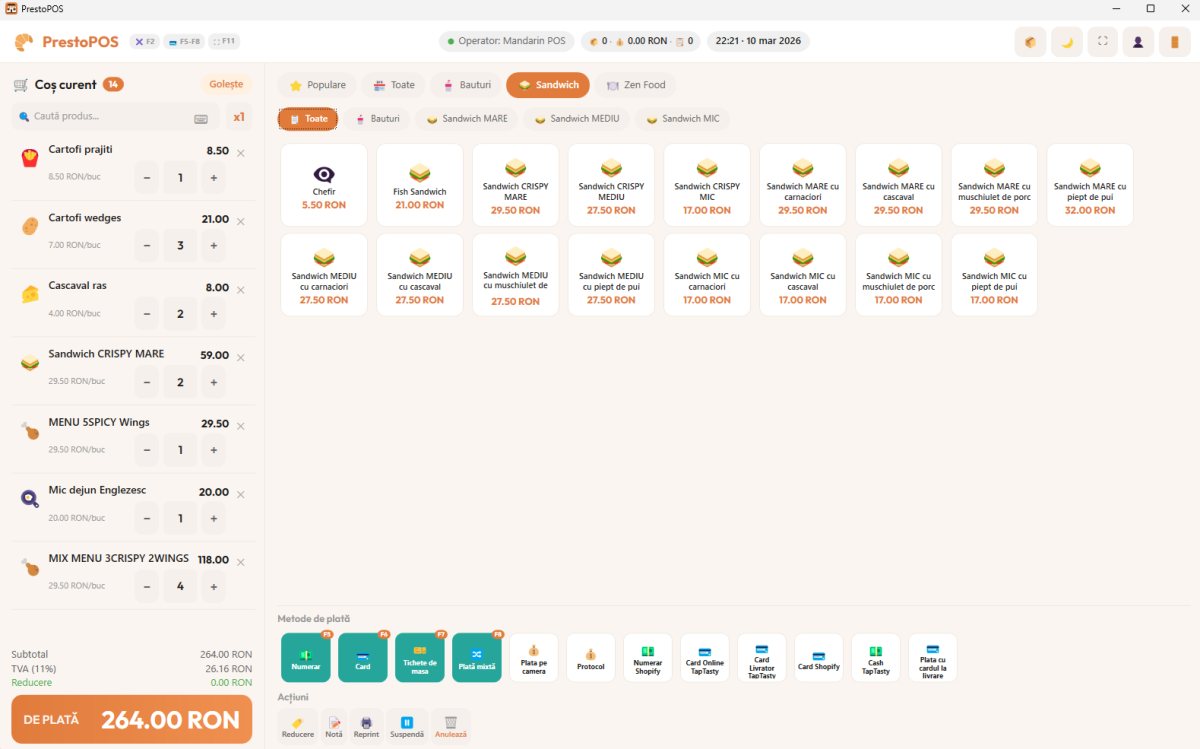 PrestoPOS — Ecranul principal cu coș, categorii și produse