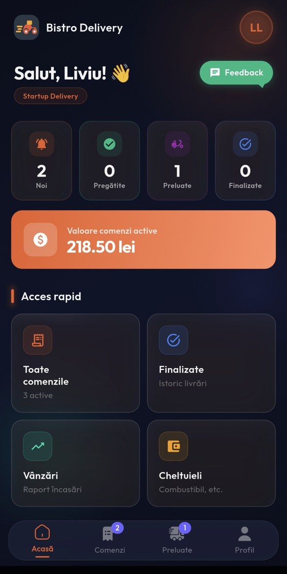 Aplicația Bistro Delivery pentru livratori — ecran comenzi