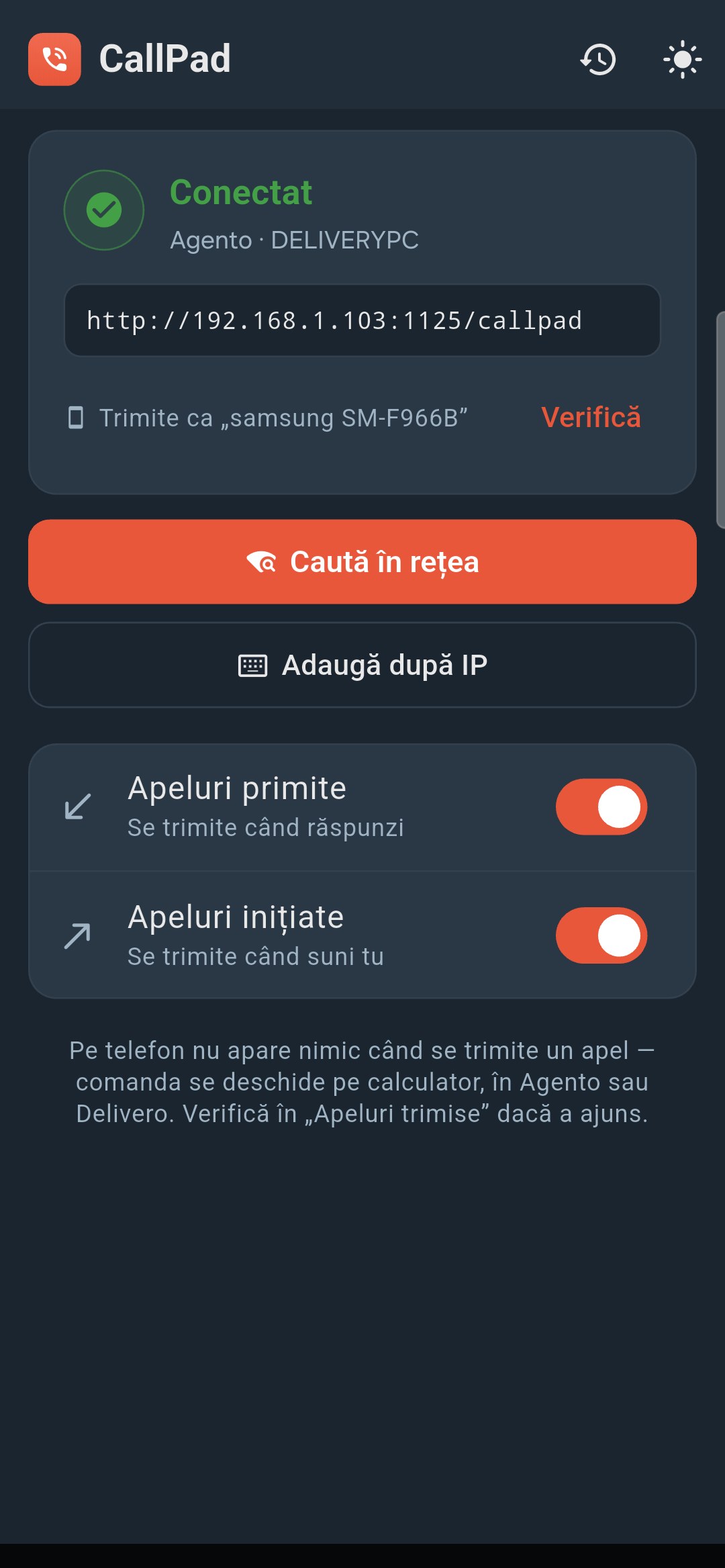 Ecranul principal — legătura, verde când e activă — CallPad, aplicație apeluri call center
