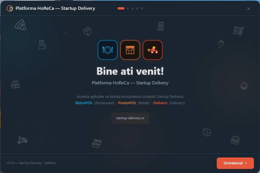 Ecran bun venit - Startup Delivery HoReCa Setup