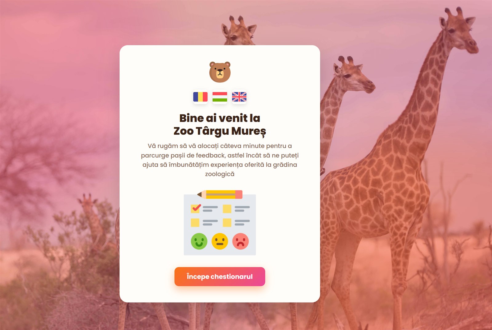 Ecran de bun venit multilingv al aplicatiei de feedback pentru clienti