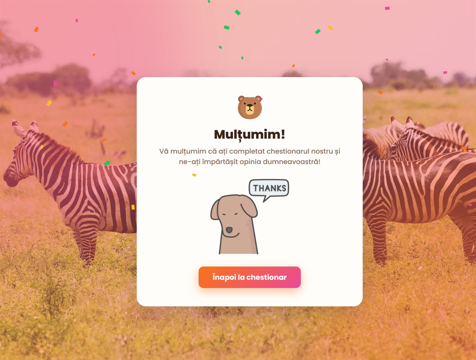 Ecran de multumire dupa feedback completat cu confetti
