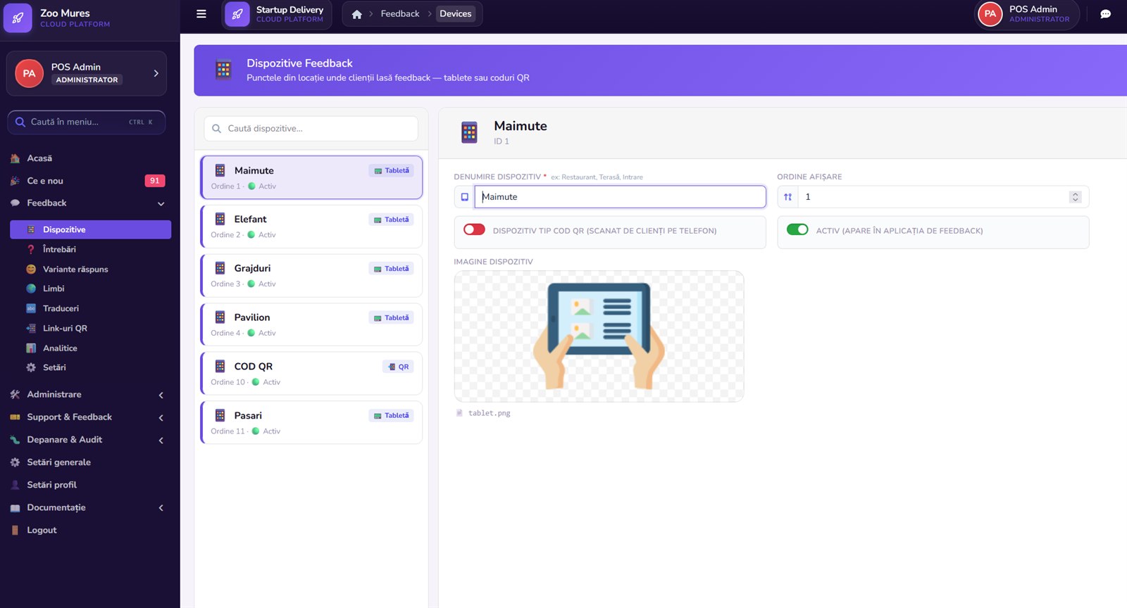 Administrare dispozitive de feedback: tablete si coduri QR
