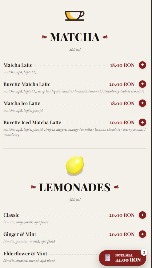 Buton „Nota mea" cu totalul comenzii — meniu digital QR restaurant teme nota mea