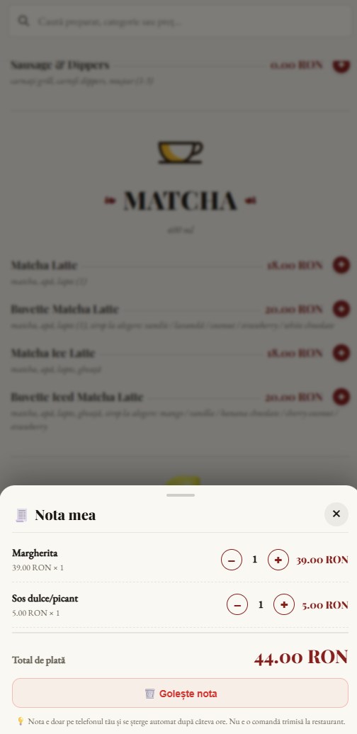 Coșul personal cu totalul de plată — meniu digital QR restaurant teme nota mea