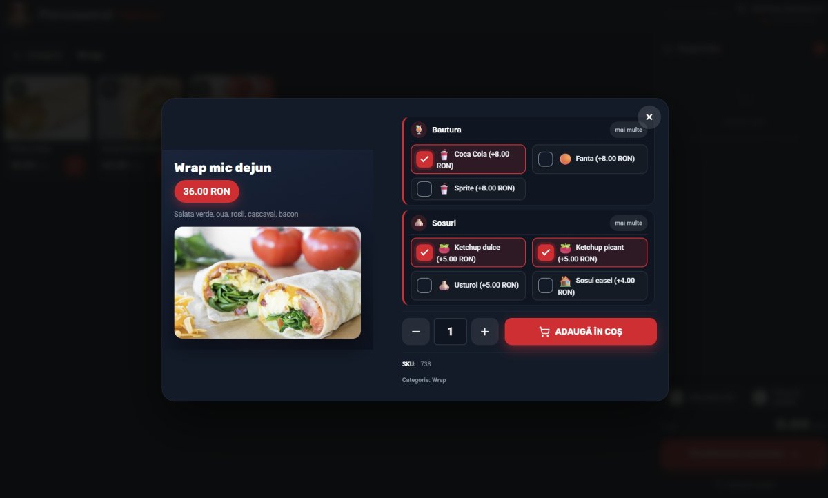 Chioșc self-service restaurant — alegerea unui produs cu opțiuni de băutură și sosuri