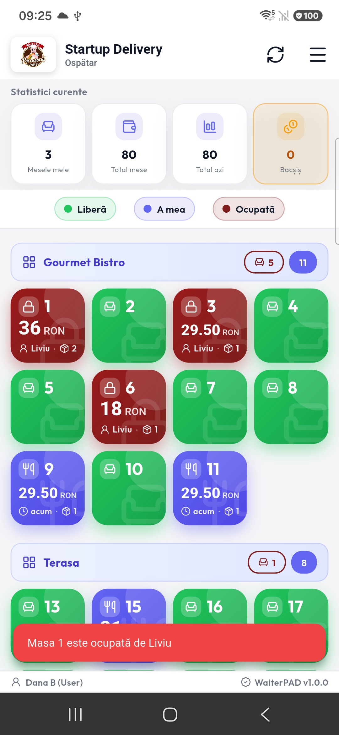Masă blocată de alt ospătar — WaiterPad mod ospătar