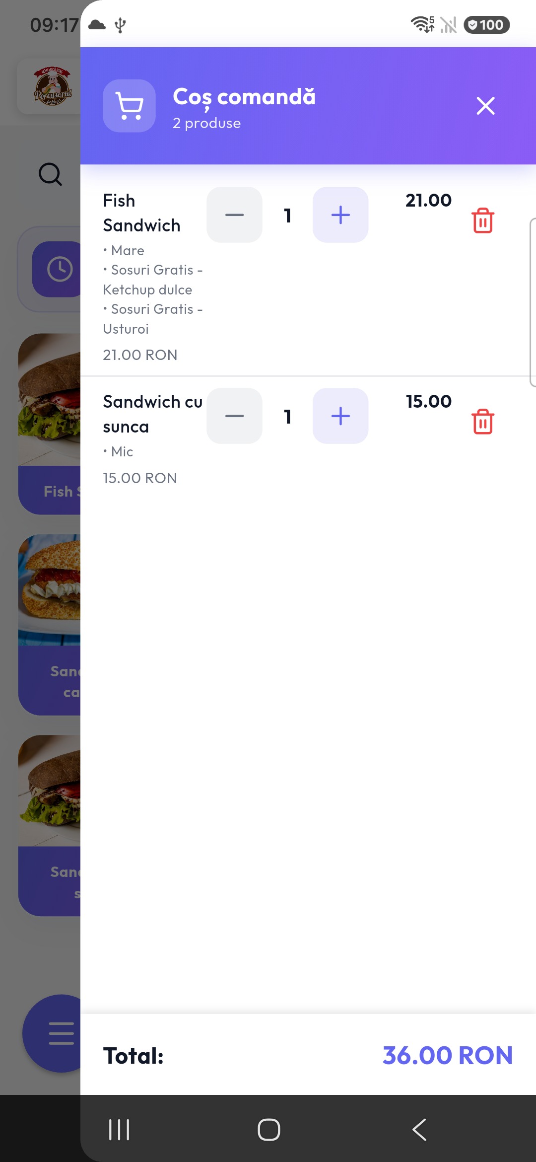 Coșul comenzii — WaiterPad mod ospătar