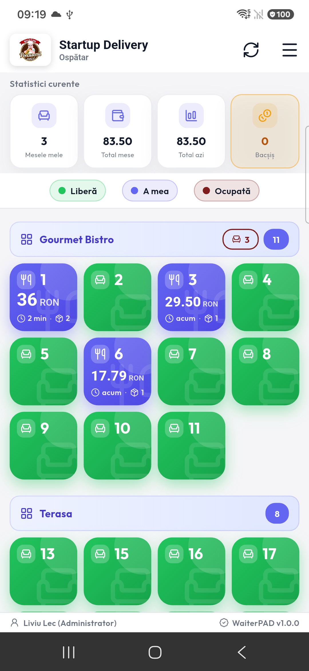 Ecran principal — harta meselor — WaiterPad mod ospătar