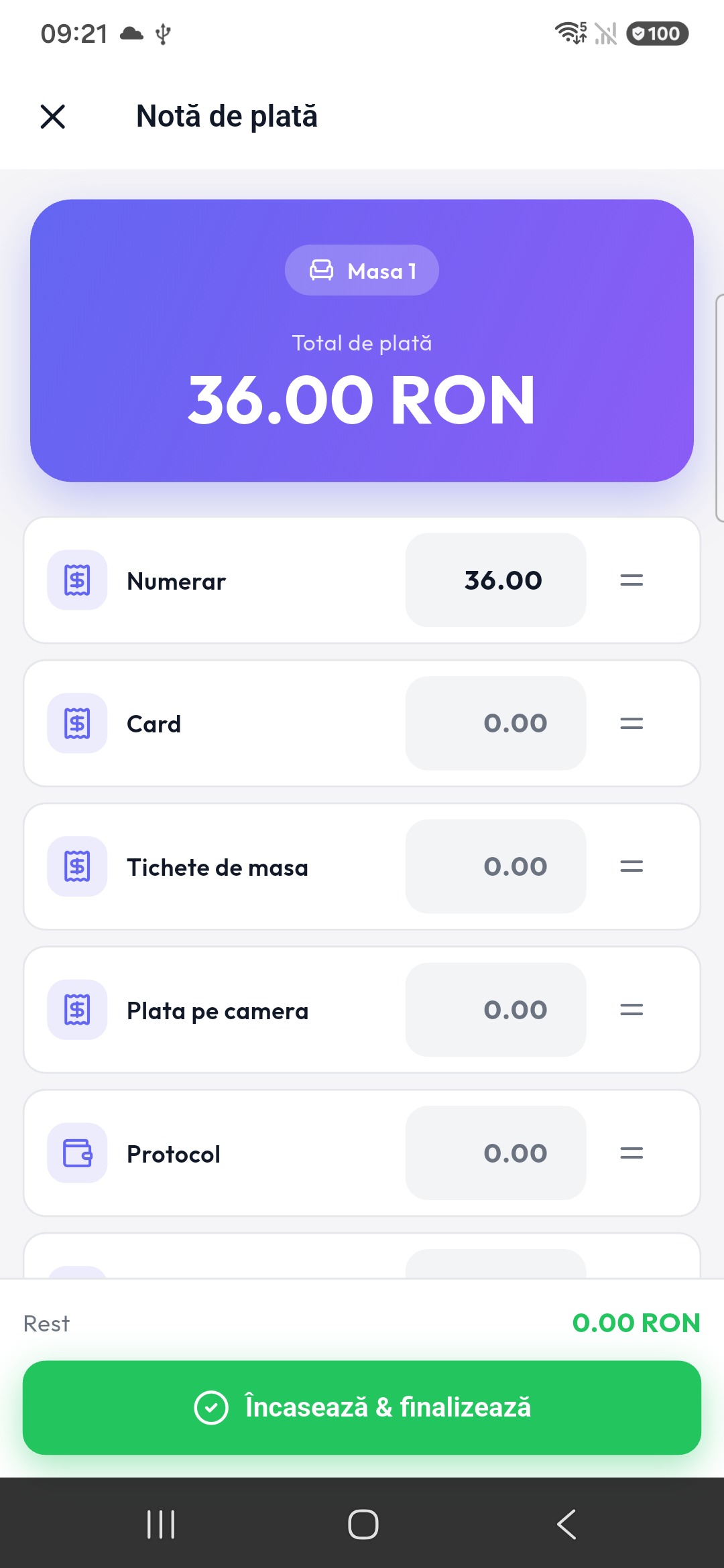 Notă de plată — metode de plată — WaiterPad mod ospătar