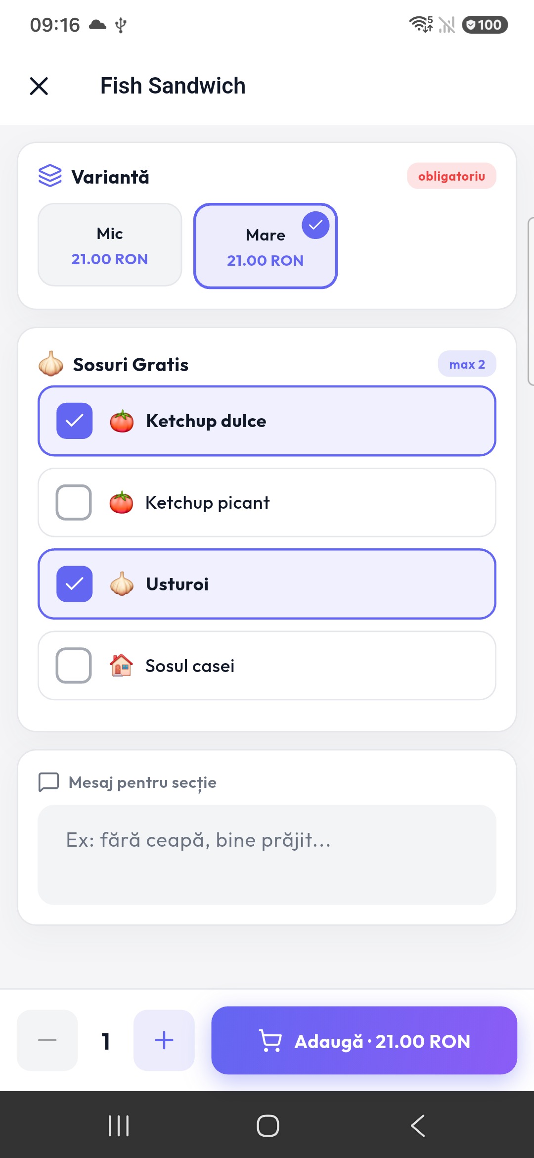 Opțiuni și variante la produs — WaiterPad mod ospătar
