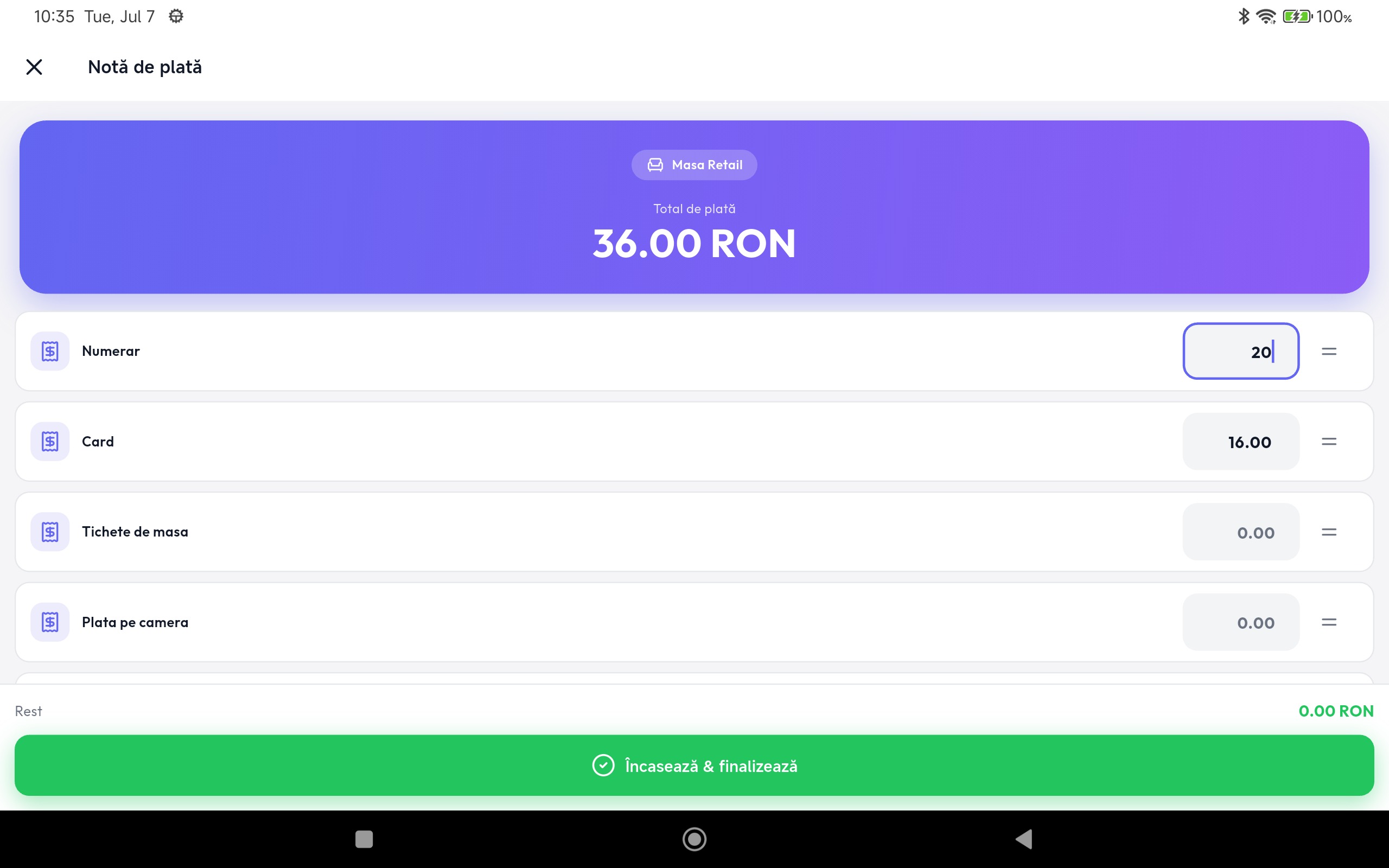 Plată mixtă — împărțire pe sume — WaiterPad mod retail